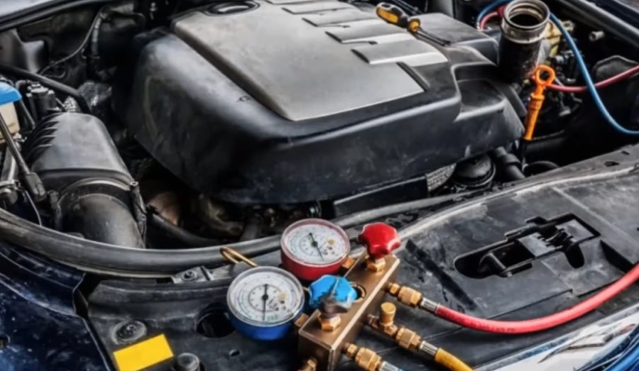 AC manifold gauges connected to check refrigerant pressure